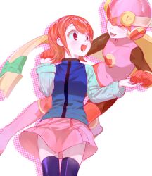  2girls black_thighhighs blonde_hair blue_shirt blue_vest breasts closed_eyes commentary helmet highres jinsu_exe leotard mayl_sakurai_(mega_man) mega_man_(series) mega_man_battle_network_(series) multiple_girls netnavi open_mouth pink_helmet pink_leotard pink_skirt red_eyes red_hair roll.exe_(mega_man) shirt simple_background skirt symbol-only_commentary thigh-highs vest white_background 
