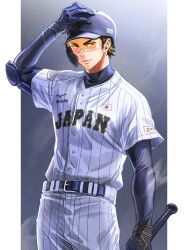  1boy ace_of_diamond baseball_bat baseball_helmet brown_hair closed_mouth commentary_request flag_print gloves hand_on_own_head helmet highres holding holding_baseball_bat japanese_flag japanese_flag_print kusatakesi layered_sleeves long_sleeves looking_at_viewer male_focus miyuki_kazuya pillarboxed short_hair short_over_long_sleeves short_sleeves sideburns solo standing striped_clothes twitter_username vertical-striped_clothes 