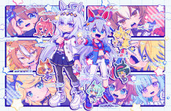  6+girls :o ahoge animal_collar animal_ears artist_name belno_light_(umamusume) belt black_collar black_pantyhose blonde_hair blue_eyes blue_hairband blue_jacket blue_sailor_collar blue_shirt blue_shoes blue_skirt bob_cut boots bow braid brooch brown_eyes brown_hair capri_pants chibi clenched_hand closed_mouth collar commentary cropped_shirt dated dicta_striker_(umamusume) domino_mask drill_hair drill_sidelocks ear_bow ear_covers ear_ornament ear_ribbon eye_mask fang fujimasa_march_(umamusume) gold_city_(authentic/1928)_(umamusume) gold_city_(umamusume) grey_hair grin hair_ornament hairband half-shirt hand_in_own_hair hand_on_own_face hand_on_own_hip headband heart highres horse_ears horse_girl horse_tail jacket jewelry kasamatsu_tracen_training_uniform letter_hair_ornament lightning_bolt_symbol long_hair long_sleeves loose_belt mask medium_hair mejiro_ardan_(clinochlore_line)_(umamusume) mejiro_ardan_(umamusume) midriff mini_the_lady_(umamusume) miniskirt multicolored_hair multiple_girls navel neckerchief norn_ace_(umamusume) obey_your_master_(umamusume) oguri_cap_(starlight_beat)_(umamusume) oguri_cap_(umamusume) one_eye_closed open_clothes open_jacket open_mouth pants pantyhose pleated_skirt red_belt red_hairband red_headband red_neckerchief rudy_lemono_(umamusume) sailor_collar sailor_shirt sakura_chiyono_o_(hinoshita_kaisan_hana_akari)_(umamusume) sakura_chiyono_o_(umamusume) school_uniform shirt shoes short_hair side-by-side side_drill sidelocks signature sitting skirt smile smirk sneakers standing star-shaped_pupils star_(symbol) star_brooch super_creek_(murmuring_stream)_(umamusume) super_creek_(umamusume) symbol-shaped_pupils syu_x tail tamamo_cross_(fast_as_lightning)_(umamusume) tamamo_cross_(umamusume) tracen_school_uniform two-tone_hair umamusume umamusume:_cinderella_gray v v_over_eye violet_eyes white_boots white_pants white_shirt yaeno_muteki_(umamusume) yellow_eyes 