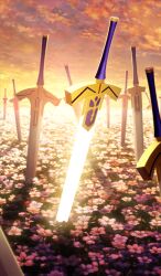  clouds cloudy_sky commentary_request excalibur_(fate/stay_night) fate/grand_order fate_(series) field field_of_blades flower flower_field game_cg glowing glowing_sword glowing_weapon lasengle no_humans official_art planted planted_sword sky still_life sword third-party_source warm_colored weapon weapon_focus 