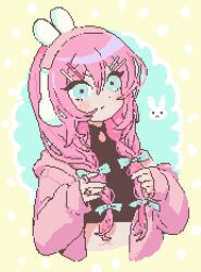  1girl animal animal_ear_headphones animal_ears aubrey_(birthday)_(omori) aubrey_(faraway)_(omori) aubrey_(omori) black_shirt blue_background blue_bow blue_eyes blue_nails border bow braid cardigan cardigan_partially_removed closed_mouth commentary_request crop_top cropped_shirt cropped_torso dot_nose double-parted_bangs fake_animal_ears flat_chest forest_bunny_(omori) hair_between_eyes hair_bow hair_ornament hair_over_shoulder hairclip hands_up headphones highres holding holding_own_hair hood hood_down hooded_cardigan korean_commentary light_blush long_hair long_sleeves looking_ahead looking_up low_twin_braids midriff multicolored_nails nail_polish official_alternate_costume official_alternate_hairstyle omori open_cardigan open_clothes outside_border parallel_hairclips pink_cardigan pink_hair pink_nails pixel_art polka_dot_border puffy_long_sleeves puffy_sleeves rabbit_ear_headphones rabbit_ears red_nails shirt sidelocks simple_background single_bare_shoulder sleeveless sleeveless_shirt sleeveless_turtleneck sleeves_past_wrists solo tareme turtleneck turtleneck_shirt twin_braids white_nails white_rabbit_(animal) y94096 yellow_border 