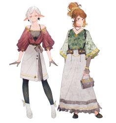  2girls arm_warmers asimov_(spindle_(aidenr0)) bag belt black_belt black_bra black_gloves black_leggings black_shoes black_suspenders black_trim blue_eyeliner blush boots bra bracelet brown_eyes brown_hair brown_ribbon circle_print circlet closed_eyes closed_mouth collarbone commentary earrings elf english_commentary eyeliner eyeshadow flats front_slit gloves gold_bracelet gold_circlet gold_trim green_shirt grey_arm_warmers grey_bag grey_belt half_gloves handbag high_ponytail highres holding holding_bag jewelry leggings long_skirt looking_to_the_side makeup medium_hair mesh multiple_girls multiple_necklaces necklace off-shoulder_shirt off_shoulder original ottilie_(spindle_(aidenr0)) parted_lips pointy_ears polka_dot polka_dot_scrunchie pom_pom_(clothes) ponytail puffy_short_sleeves puffy_sleeves red_eyeshadow red_scrunchie red_shirt ribbon scrunchie see-through_arm_warmers see-through_clothes see-through_shirt shirt shoes short_hair short_sleeves simple_background skirt smile spindle_(aidenr0) swept_bangs underwear v-neck white_background white_boots white_hair white_shoes white_skirt white_sleeves wide_sleeves yellow_scrunchie 