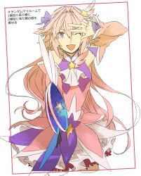  1boy adapted_costume alternate_costume androgynous astolfo_(fate) bow cosplay cowboy_shot fang fate/apocrypha fate/grand_order fate_(series) hair_bow hair_intakes highres holding holding_wand illyasviel_von_einzbern long_hair madara-ame magical_boy male_focus multicolored_hair one_eye_closed open_mouth pink_hair prisma_illya prisma_illya_(cosplay) purple_bow smile solo streaked_hair v very_long_hair violet_eyes wand white_hair 