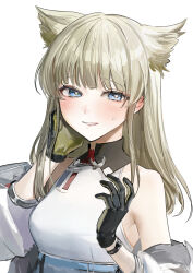  1girl absurdres aizuki_sui arknights arknights:_endfield bare_shoulders black_gloves blonde_hair blue_eyes bright_pupils collared_shirt commentary contrast_collar gloves hand_on_own_ear highres jacket light_blush light_smile long_hair looking_at_viewer off_shoulder perlica_(arknights) shirt simple_background sleeveless sleeveless_shirt solo upper_body white_background white_jacket white_pupils white_shirt yellow_gloves 