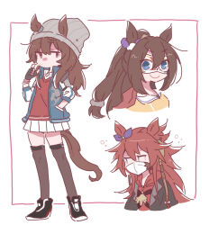  3girls animal_ears beanie beer_hsk black_gloves black_jacket black_shoes blue_eyes blue_jacket blue_ribbon brown_hair brown_thighhighs closed_mouth commentary_request ear_ribbon ears_through_headwear el_condor_pasa_(el_numero_1)_(umamusume) el_condor_pasa_(umamusume) eye_mask fingerless_gloves gloves grey_hat hair_between_eyes hand_in_pocket hat hood hood_down hoodie horse_ears horse_girl horse_tail jacket long_sleeves mask multiple_girls nakayama_festa_(umamusume) orfevre_(old_design)_(umamusume) pleated_skirt ponytail puffy_long_sleeves puffy_sleeves red_hoodie red_jacket ribbed_hat ribbon shirt shoes skirt smile tail thigh-highs umamusume v-shaped_eyebrows violet_eyes white_background white_skirt yellow_shirt 