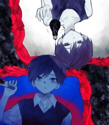  2boys antenna_hair black_eyes black_hair black_sweater_vest black_tank_top blood blood_on_knife closed_mouth collarbone collared_shirt colored_skin double-parted_bangs dual_persona hair_between_eyes holding holding_knife knife light_bulb looking_at_another male_focus multiple_boys omori omori_(omori) parted_lips rou_(h_s_sinrin) shirt short_hair short_sleeves sunny_(omori) sweater_vest tank_top white_shirt white_skin 