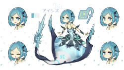  1girl :o absurdres arm_fins bare_shoulders blue_eyes blush character_name closed_eyes closed_mouth color_guide commentary_request covered_navel cryokinesis dot_mouth english_text fins flat_chest head_fins highres ice icicle kneeless_mermaid logo long_sidelocks looking_at_viewer manta_ray manta_ray_girl medium_hair mermaid monster_girl multiple_expressions open_mouth original parted_bangs shitoi_(aqua1487) sidelocks simple_background skirt solo spaghetti_strap tail translation_request wavy_mouth white_background wrist_guards 