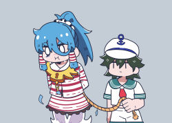 2girls anchor_ornament aqua_sailor_collar ascot black_hair blue_hair bound commentary_request cuffs foul_detective_satori ghost_tail grey_background hair_ornament hair_tubes hat high_ponytail highres holding holding_rope jitome miyadeguchi_mizuchi multiple_girls murasa_minamitsu no_nose no_sclera ponytail ray_u red_ascot restrained rope sailor_collar sailor_hat shirt short_hair short_sleeves shorts simple_background skirt skull_hair_ornament striped_clothes striped_shirt striped_skirt thick_eyebrows tied_up_(nonsexual) touhou white_shirt white_shorts 