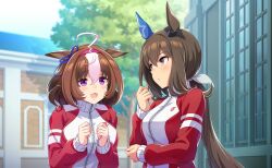  2girls admire_vega_(umamusume) ahoge animal_ears artist_request blue_sky bow breasts brown_eyes brown_hair clenched_hands crest day dot_nose ear_covers ear_ornament ear_ribbon ears_down expressionless game_cg hair_between_eyes hair_bow hairband hand_on_own_elbow holding holding_own_hair horse_ears horse_girl jacket large_breasts long_sleeves looking_at_another loose_hair_strand low_ponytail medium_breasts medium_hair meisho_doto_(umamusume) multicolored_hair multicolored_jacket multiple_girls nervous official_art outdoors parted_lips pink_hairband pointy_nose ponytail puffy_long_sleeves puffy_sleeves purple_ribbon red_jacket ribbon school shade sidelocks single_ear_cover sky streaked_hair third-party_source track_jacket tree turtleneck turtleneck_jacket two-tone_jacket umamusume upper_body white_bow white_jacket zipper_pull_tab 