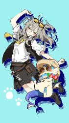  1girl aktkskr arm_up belt belt_pouch black_boots black_skirt black_vest blue_background blush_stickers boots brown_belt brown_hat bubbles_(honkai:_star_rail) chimera_(honkai:_star_rail) collared_shirt commentary_request drop_shadow eyewear_on_head floating_hair full_body glint grey_hair hat highres honkai:_star_rail honkai_(series) innertube long_hair looking_at_viewer necktie official_alternate_costume open_mouth pouch shirt short_sleeves simple_background skirt solo stelle_(chimerric_park)_(honkai:_star_rail) stelle_(honkai:_star_rail) sunglasses swim_ring tinted_eyewear trailblazer_(honkai:_star_rail) vest white_shirt yellow-tinted_eyewear yellow_eyes yellow_necktie 