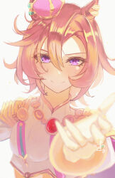  1girl animal_ears armor blush breasts cape closed_mouth commentary_request crown ear_ornament gold_corset hair_between_eyes highres horse_ears horse_girl long_sleeves looking_at_viewer mini_crown orange_hair orusun outstretched_arm pink_cape pink_crown reaching reaching_towards_viewer shirt short_hair shoulder_armor simple_background smile solo t.m._opera_o_(o_sole_suo!)_(umamusume) t.m._opera_o_(umamusume) umamusume upper_body violet_eyes white_background white_shirt 