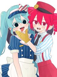  2girls black_eyes black_necktie blue_hair drill_hair gloves hat hatsune_miku highres kasane_teto komori_kamome mesmerizer_(vocaloid) multiple_girls necktie open_mouth red_eyes red_hair red_hat sharp_teeth striped_clothes suspenders teeth tongue tongue_out twin_drills twintails waitress yellow_gloves 