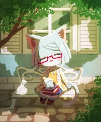  1girl =_= ange_(cat_busters) animal_ears animal_hands bench blue_fur blue_hair blush bob_cut book brown_shoes cat_busters cat_ears cat_girl cat_tail chibi chibi_only chibikemo commentary_request dappled_sunlight furry furry_female glasses highres jacket long_sleeves no_lineart oceannuts open_clothes open_jacket open_mouth outdoors red-framed_eyewear shoes short_hair sitting skirt solo sunlight swept_bangs tail vest whiskers white_skirt window yellow_jacket yellow_vest 