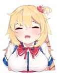  1girl absurdres akai_haato akai_haato_(1st_costume) blonde_hair blush closed_eyes collared_shirt hair_ornament hair_ribbon heart heart_hair_ornament highres hololive long_hair open_mouth red_ribbon ribbon shirt side_ponytail smile solo suzu_coconatu upper_body virtual_youtuber white_background white_shirt 