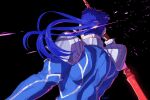  1boy armor back back_focus black_background blue_bodysuit bodysuit cu_chulainn_(fate) cu_chulainn_(fate/stay_night) fate/stay_night fate_(series) from_behind gae_bolg_(fate) hal_(haaaalhal) holding holding_polearm holding_weapon long_hair male_focus polearm ponytail shoulder_armor signature simple_background solo spear upper_body weapon 