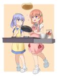  2girls animal_slippers apron blue_dress blue_eyes blue_hair blush bobby_socks border bunny_slippers closed_mouth collared_dress collared_shirt commentary_request cooking dress flour food frilled_apron frilled_socks frills frying_pan full_body gochuumon_wa_usagi_desu_ka? hair_between_eyes hair_ornament hairclip highres holding holding_frying_pan holding_spatula hoto_cocoa kafuu_chino light_blue_hair long_hair looking_at_another mixing_bowl mohei multiple_girls open_mouth orange_hair pancake pink_apron ponytail red_ribbon ribbon shirt short_hair short_sleeves sidelocks simple_background slippers socks spatula standing standing_on_one_leg stove violet_eyes white_border white_footwear white_shirt white_socks x_hair_ornament yellow_apron yellow_background 