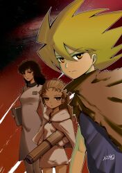  1boy 2girls black_eyes black_hair blue_shirt braid brown_cloak brown_eyes brown_hair choujin_locke cloak closed_mouth commentary_request dress galaxy green_hair half-closed_eyes holding holding_notepad holding_rocket_launcher holding_weapon locke long_hair long_sleeves machiko_grace multiple_girls notepad ponytail ponytail_with_braided_base primula_renner rikudou_koushi rocket_launcher shirt short_hair sideways_glance signature skirt sleeves_past_wrists space standing torn_cloak torn_clothes weapon white_cloak white_dress white_shirt white_skirt yellow_eyes 