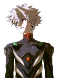  1boy commentary_request grey_hair highres korean_commentary looking_to_the_side male_focus mecha_pilot_suit nagisa_kaworu neon_genesis_evangelion parted_lips plugsuit_(evangelion) red_eyes short_hair simple_background solo teeth toothfrog upper_body white_background 