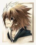  1boy black_hood blue_eyes brown_background brown_hair chain_necklace commentary eguana english_commentary english_text hood hood_down jewelry kingdom_hearts kingdom_hearts_ii looking_to_the_side male_focus necklace short_hair simple_background smile solo sora_(kingdom_hearts) spiky_hair upper_body 