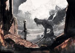  1boy au_ra colored_skin debris feathered_wings final_fantasy final_fantasy_xiv halric_(ff14) head_wings horns monster multiple_wings outdoors rubble ruins rust scenery sin_eater_(ff14) sky tail tesleen white_hair white_skin wings wreckage yabuka_shiwa 