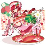  1girl bare_shoulders cup elina_(e2n04n) food footwear_ribbon fruit hat original redhead saucer skirt solo strawberry strawberry_hat_ornament teacup 