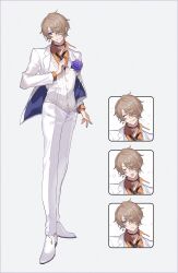  1boy :d :q ^_^ adjusting_clothes adjusting_necktie arm_at_side black_choker black_necktie blue_jacket boutonniere brown_hair choker closed_eyes closed_mouth collared_shirt commentary_request dress_pants dress_shoes expressionless flower full_body hair_over_one_eye highres jacket lapels looking_at_viewer male_focus necktie notched_lapels one_eye_covered open_clothes open_collar open_jacket orange_shirt original pants pendant_choker purple_flower purple_rose rose shirt shoes short_hair sideways_glance simple_background smile solo sparkle_earrings standing suit suit_jacket teardrop tongue tongue_out totototoi two-sided_fabric two-sided_jacket vest violet_eyes white_background white_jacket white_pants white_shoes white_suit white_vest 