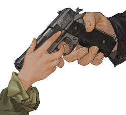 2boys absurdres black_jacket close-up fingernails green_shirt gun hand_focus handgun highres holding holding_gun holding_gun_barrel holding_weapon jacket john_connor leather leather_jacket m1911 male_focus multiple_boys rora_(auroradiation) shirt simple_background sleeves_rolled_up t-800 terminator_(series) terminator_2:_judgment_day trigger_discipline unzipped weapon white_background