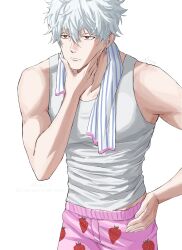  1boy artist_name commentary_request covered_pectorals food_print fruit_print gintama hand_on_own_chin highres korean_commentary male_focus nnaa0_o pectorals pink_shorts sakata_gintoki short_hair shorts simple_background solo strawberry_print tank_top towel towel_around_neck twitter_username white_background white_tank_top 