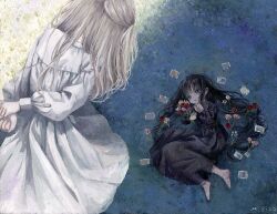  2girls arms_behind_back barefoot black_dress black_hair blonde_hair bouquet commentary_request dress flower grass highres holding holding_bouquet leaning_forward long_hair long_sleeves lying monou_pico multiple_girls on_grass original outdoors very_long_hair white_dress 