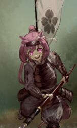  1girl animal_ears armor banner battle_standard blood blood_on_face commentary_request haru_urara_(umamusume) headband highres holding holding_polearm holding_weapon horse_ears horse_girl inishie_kumo japanese_armor long_hair open_mouth pink_hair polearm ponytail sashimono solo spear umamusume war_banner weapon yari 