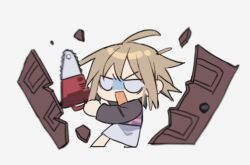  1girl ahoge black_sweater blonde_hair breaking chainsaw chibi chibi_only commentary_request holding holding_chainsaw hrdrifter messy_hair no_pupils open_mouth plaid_clothes plaid_sweater_vest plaid_vest purple_sweater_vest short_hair sidelocks simple_background skirt solo sweater sweater_vest urotsuki vest white_background white_skirt wooden_door yume_2kki 