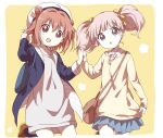  2girls akaza_akari bag blue_bag blue_coat blue_eyes blue_skirt border brown_bag brown_footwear coat double_bun floral_background grey_shirt hair_bun hair_ribbon handbag holding_hands interlocked_fingers jewelry long_shirt long_sleeves looking_at_viewer multiple_girls namori_(style) necklace official_style open_mouth pink_hair pleated_skirt redhead ribbon shirt short_hair short_twintails simple_background skirt sweater twintails violet_eyes white_border yellow_background yellow_ribbon yellow_sweater yoshikawa_chinatsu yugokagamine yuri yuru_yuri 