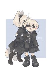  1boy 1girl 2b_(nier:automata) 9s_(nier:automata) :3 affectionate animal_ears black_boots black_coat black_gloves black_hairband black_shorts black_thighhighs blindfold blush body_fur boots coat covered_eyes dated dated_commentary digitigrade flying_sweatdrops furry furry_female furry_with_non-furry gloves hairband highres interspecies juliet_sleeves long_sleeves nier:automata nier_(series) nuzzle open_mouth partynight0121 puffy_sleeves short_hair shorts simple_background snout sweatdrop tail thigh-highs white_fur white_hair wolf_ears wolf_girl wolf_tail 