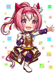  1girl animal_ears blush bodice boots bow breasts chibi chibi_only choker collarbone commentary_request corset cropped_jacket ear_bow ear_covers flower-shaped_pupils flower_in_eye full_body garter_straps hairband haru_urara_(umamusume) headband highres horse_ears horse_girl horse_tail jacket long_hair long_sleeves looking_at_viewer midriff_peek navel open_mouth overskirt pendant_choker pink_eyes pink_hair pink_headband ponytail purple_choker purple_garter_straps purple_thighhighs red_corset red_headband red_shorts shirt shorts small_breasts smile solo standing standing_on_one_leg starting_future_(umamusume) sugimotty_nova symbol-shaped_pupils symbol_in_eye tail thigh-highs umamusume white_boots white_jacket white_shirt wristband 