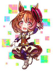  1girl animal_ears blush boater_hat bodice boots breasts brown_eyes brown_hair chibi chibi_only choker collarbone commentary_request corset cropped_jacket full_body garter_straps hair_between_eyes hair_ornament hairclip hat highres holding holding_unworn_clothes holding_unworn_hat horse_ears horse_girl horse_tail jacket long_sleeves looking_at_viewer medium_hair midriff_peek multicolored_hair navel north_flight_(umamusume) open_mouth overskirt pendant_choker pink_hair purple_choker purple_garter_straps purple_thighhighs red_corset red_shorts shirt shorts small_breasts smile solo standing standing_on_one_leg star_(symbol) starting_future_(umamusume) streaked_hair sugimotty_nova tail thigh-highs umamusume unworn_hat unworn_headwear white_boots white_jacket white_shirt wristband 