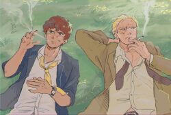  2boys amuro_ray bruise bruise_on_face char's_counterattack char_aznable cigarette gundam highres implied_after_sex injury jacket lying multiple_boys neckerchief on_back open_clothes open_jacket posssari scene_reference shirt sketch smoking white_shirt yellow_jacket yellow_neckerchief 