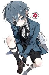  1boy absurdres anger_vein annoyed black_gloves black_ribbon black_shoes black_shorts black_vest blue_coat blue_eyes blue_hair cat_muno ciel_phantomhive closed_mouth coat commentary_request eyepatch frilled_shirt frills frown full_body gloves hair_between_eyes highres korean_commentary kuroshitsuji long_sleeves looking_at_viewer male_focus neck_ribbon one_eye_covered parted_bangs ribbon shirt shoes shorts simple_background sitting sleeve_cuffs speech_bubble spoken_anger_vein twitter_username vest white_background white_shirt 