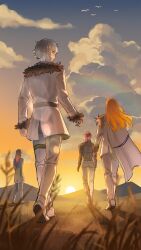  1girl 3boys absurdres arms_at_sides black_boots black_gloves black_jacket black_pantyhose black_shirt black_shrug blonde_hair blue_sky blurry boots cape chinese_commentary clouds commentary_request crypters_(fate/grand_order) cumulonimbus_cloud depth_of_field fate/grand_order fate_(series) from_behind full_body fur-trimmed_jacket fur-trimmed_shrug fur-trimmed_sleeves fur_trim gloves gold_trim gradient_sky grass grey_hair hair_between_eyes highres jacket kadoc_zemlupus kirschtaria_wodime lens_flare long_hair long_sleeves looking_at_viewer looking_back making-of_available mountainous_horizon multiple_boys ophelia_phamrsolone orange_hair orange_sky outdoors pants pantyhose parted_lips pink_hair rainbow scandinavia_peperoncino shirt shoes short_hair shrug_(clothing) side_cape simple_bird sky smile standing suit sun sunset thigh_strap walking wheat white_boots white_cape white_jacket white_pants white_shoes white_suit yellow_eyes zhiqingfeixiaji 
