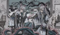  2boys arknights bare_tree blue_hands blue_pants building chair clone coat colored_extremities commentary dragon_boy dragon_horns dragon_tail earrings feet_out_of_frame hashtag-only_commentary head_rest highres holding holding_smoking_pipe horns indoors jewelry kiseru looking_at_viewer male_focus multiple_boys pants parted_lips red_eyes sitting sitting_backwards smoking_pipe table tail tree vase white_coat yi_(arknights) zizhisan 