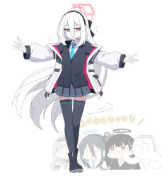  0_0 1boy 4girls aris_(blue_archive) black_boots black_hair black_hairband black_jacket blue_archive blue_necktie boots braid chibi closed_eyes closed_mouth commentary doodle_sensei_(blue_archive) grey_hair grey_skirt grey_thighhighs hair_between_eyes hairband halo himari_(blue_archive) jacket kei_(blue_archive) kei_(new_body)_(blue_archive) long_hair long_sleeves multiple_girls necktie nyaru_(nyaru_4126) open_clothes open_jacket pleated_skirt puffy_long_sleeves puffy_sleeves red_eyes ringed_eyes rio_(blue_archive) sensei_(blue_archive) simple_background skirt solo_focus standing thigh-highs thighhighs_under_boots very_long_hair white_background white_hair white_jacket 