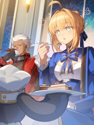  1boy 1girl 1other absurdres ahoge archer_(fate) archer_(honkai:_star_rail)_(fate) artoria_pendragon_(fate) black_gloves blonde_hair blue_dress blue_ribbon blush cake cake_slice closed_eyes coffee commentary_request creature crossover cup dark-skinned_male dark_skin dress fate/stay_night fate/unlimited_blade_works fate_(series) fengtu_ad food gloves green_eyes hair_ribbon highres honkai:_star_rail honkai_(series) jacket open_clothes open_jacket pom-pom_(honkai:_star_rail) red_jacket ribbon saber_(fate) saber_(honkai:_star_rail)_(fate) short_hair spit_take spitting symbol-shaped_pupils teacup white_hair 