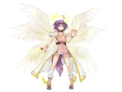  1girl ahoge angel angel_wings animal_ears belt boots clawed_gauntlets collar dog_ears dog_girl dog_tail dress feathered_wings gloves halo inuel_(mon-musu_quest!) mon-musu_quest! mon-musu_quest:_paradox monster_girl multiple_wings non-web_source nuppehofu_(nibuta) official_alternate_design official_art open_mouth pink_boots pink_dress pink_gloves purple_hair purple_tail short_hair sleeveless solo tail violet_eyes white_background winged_shoes wings 