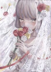  1girl absurdres bridal_veil commentary_request eyelashes flower grey_hair hair_flower hair_ornament highres holding holding_flower monou_pico original red_flower red_rose ribbon rose short_hair solo strapless teardrop tears upper_body veil white_veil wrist_ribbon yellow_flower yellow_rose 