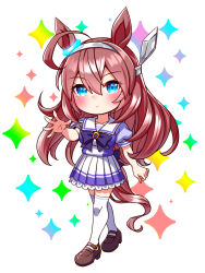  1girl ahoge animal_ears blue_eyes blush bow bowtie breasts brown_hair chibi chibi_only closed_mouth commentary_request full_body grey_hairband hair_between_eyes hairband highres horse_ears horse_girl horse_tail large_breasts long_hair looking_at_viewer mihono_bourbon_(umamusume) outstretched_arm pleated_skirt puffy_short_sleeves puffy_sleeves purple_bow purple_bowtie purple_shirt sailor_collar sailor_shirt school_uniform shirt shoes short_sleeves silver_hairband skirt solo sugimotty_nova tail thigh-highs tracen_school_uniform umamusume white_sailor_collar white_skirt white_thighhighs zettai_ryouiki 