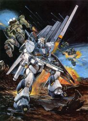  1980s_(style) army asteroid axis_(gundam) back battle beam_cannon beam_rifle cable char's_counterattack destruction earth_federation earth_federation_space_forces energy_cannon energy_gun explosion fin_funnels firing geara_doga gundam jegan mecha mecha_focus missile missile_pod mixed-language_commentary mobile_suit neo_zeon no_humans nu_gundam official_art painting_(medium) production_art promotional_art realistic retro_artstyle robot scan scene_reference science_fiction shield signature space takani_yoshiyuki thrusters traditional_media v-fin war weapon zero_gravity 
