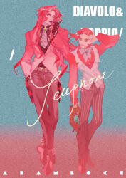  2boys absurdres aranloce artist_name character_name commentary diavolo gloves hand_in_pocket highres jojo_no_kimyou_na_bouken long_hair multiple_boys pink_hair polka_dot polka_dot_hair signature vento_aureo vinegar_doppio 