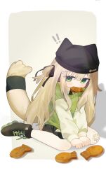  ! !! 1girl animal_hat black_boots black_hat black_ribbon black_skirt black_socks boots border brown_hair cat_girl cat_hat cat_tail closed_mouth food food_in_mouth full_body green_eyes green_sweater grey_background hair_between_eyes hair_ribbon hat highres kipfel_(vrchat) lace-up_boots layered_sleeves long_hair long_sleeves miniskirt one_side_up outside_border pleated_skirt ribbon shishiodoshi short_over_long_sleeves short_sleeves simple_background skirt socks solo sweater tail taiyaki vrchat wagashi white_border 