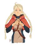  1girl ahoge braid capelet fire_emblem fire_emblem_fates hairband harness hood hood_down hooded_capelet knightingaleforce looking_at_viewer low_twin_braids nina_(fire_emblem) o-ring o-ring_harness parted_bangs red_capelet twin_braids upper_body white_hair white_hairband 