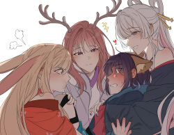  4girls absurdres animal_ears antlers ayatsumugi_roka bare_shoulders black_kimono blonde_hair blue_nails blush bow cho_kaguya-hime! closed_mouth commentary_request ear_bow fox_ears grin hair_rings hand_on_another's_leg harem highres horns hug hug_from_behind illusion_moon japanese_clothes kaguya_(cho_kaguya-hime!) kimono korean_commentary long_hair looking_at_another multiple_girls pink_hair pout purple_hair rabbit_ears red_kimono runami_yachiyo sakayori_iroha short_hair simple_background smile sweat violet_eyes white_background white_hair yuri 