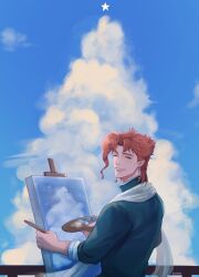  1boy blue_sky clouds commentary cumulonimbus_cloud earrings english_commentary facing_viewer grin highres jewelry jojo_no_kimyou_na_bouken kakyoin_noriaki kookirani long_sleeves looking_at_viewer male_focus outdoors painting_(action) railing red_hair short_hair sky smile solo stardust_crusaders 